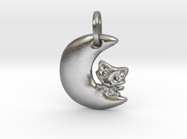 Crescent Moon and Cat Pendant in Natural Silver