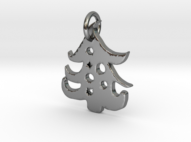 Christmas Tree Pendant in Fine Detail Polished Silver: Large