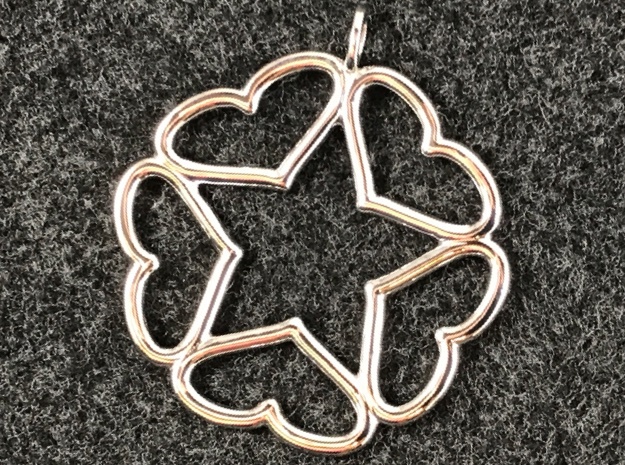 Hearts Hidden Curved Pentacle Pendant in Rhodium Plated Brass
