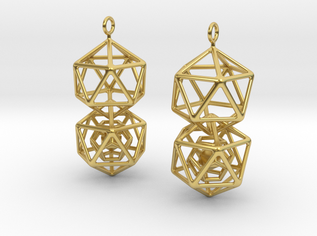 Icosahedron Dodecahedron Earrings in Polished Brass (Interlocking Parts)