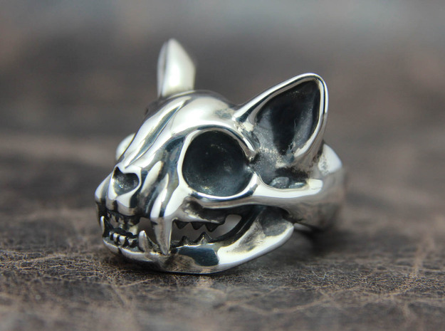 Cat Skull Ring in Polished Silver: 8 / 56.75