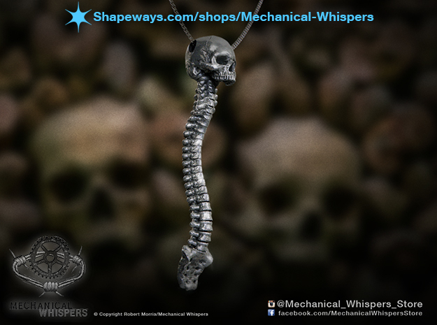 Human Skull Jewelry Pendant Necklace, Vertebrae in Antique Silver