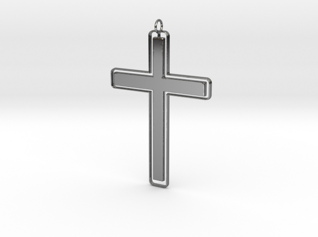 Outlíne Solid Cross Pendant in Fine Detail Polished Silver: Medium