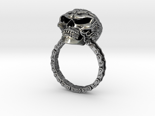 Women's Flaming Skull Ring With Roller Chain in Antique Silver