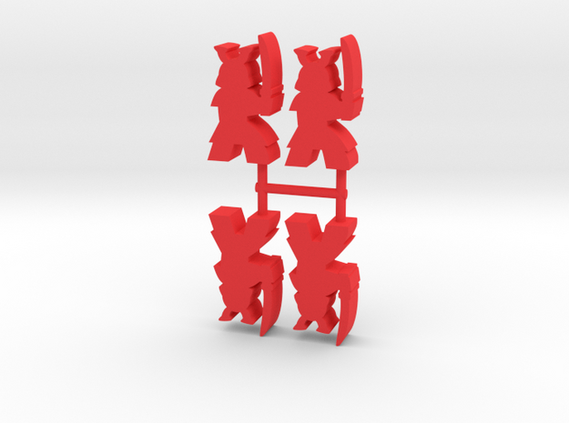 Samurai Meeple, Sword Raised, 4-set in Red Processed Versatile Plastic