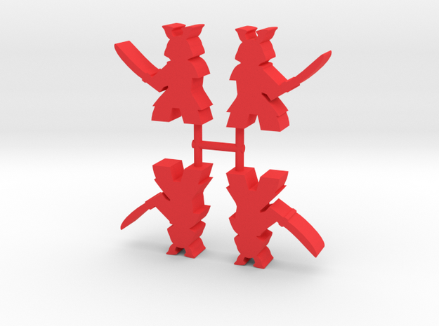 Samurai Meeple, Sword Attack, 4-set in Red Processed Versatile Plastic