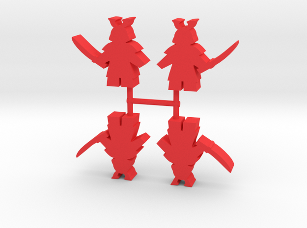 Samurai Meeple, Sword Standing, 4-set in Red Processed Versatile Plastic