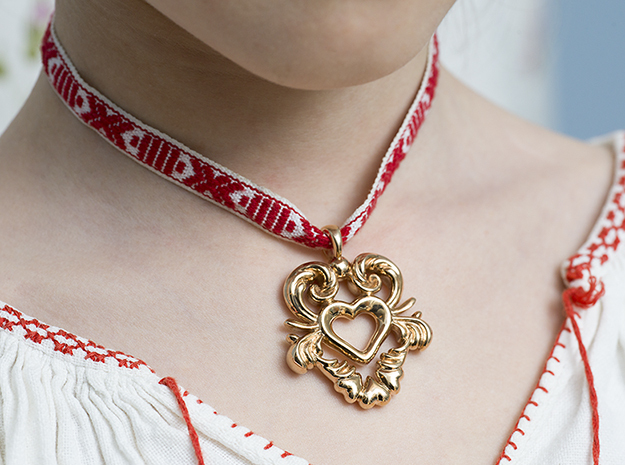 Swedish Folk Art Jewelry Kurbits Heart Dalarna  in Polished Bronze