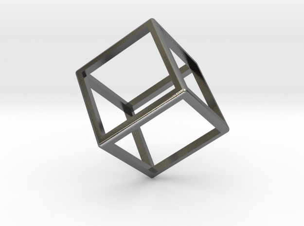 Wireframe Polyhedral Charm D6/Cube in Polished Silver