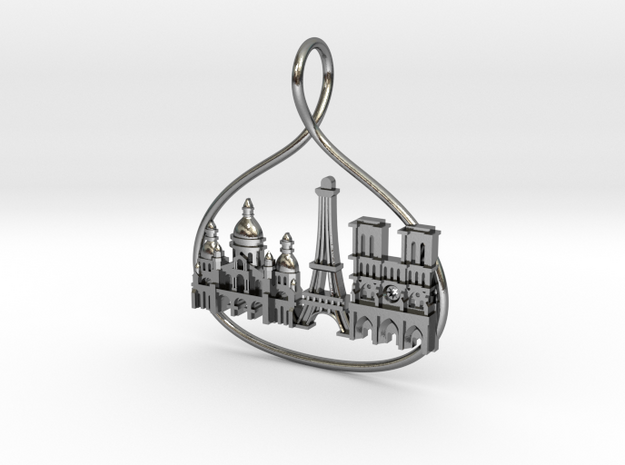 Paris Cityscape Skyline Pendant in Polished Silver