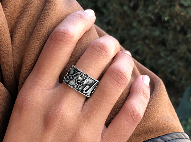 Band ring with musical instruments and symbols in Natural Silver: 7 / 54