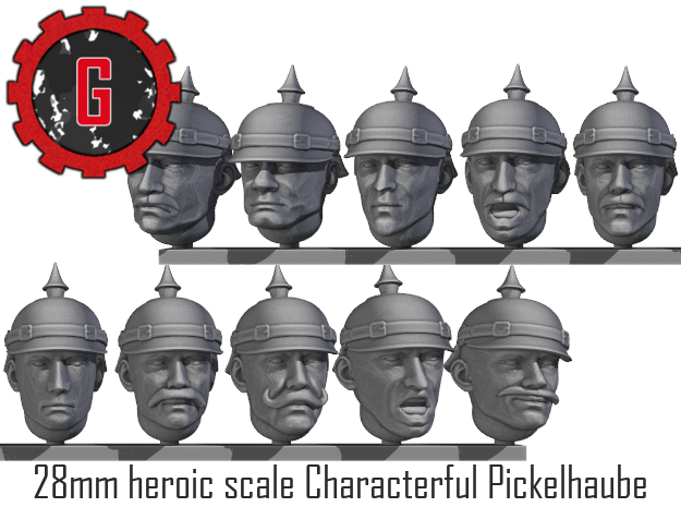 28mm heroic scale characterful Pickelhaube heads in Tan Fine Detail Plastic: Small