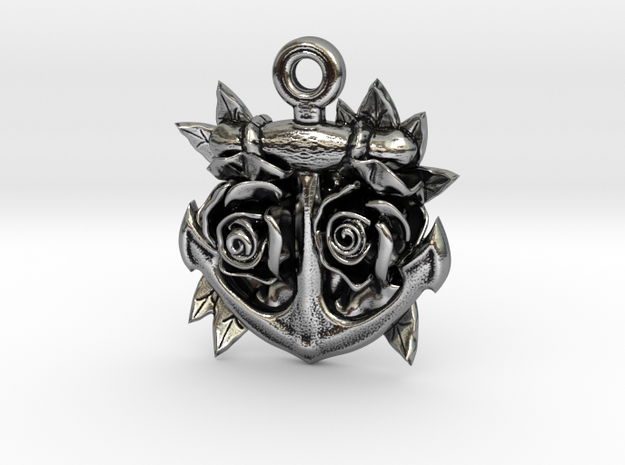 Anchor & Roses Tattoo style pendant in Antique Silver
