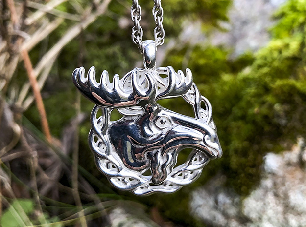 Moose Antlers Head Pendant Jewelry  in Polished Silver