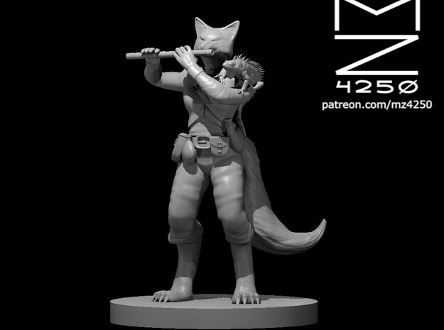 Kitsune Female Bard with Flute and Lizard in Tan Fine Detail Plastic