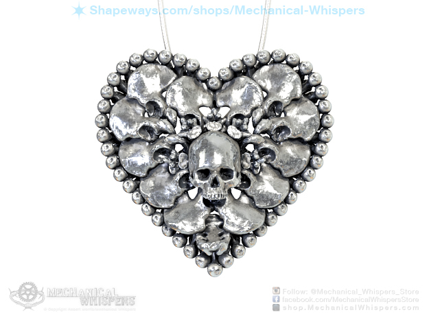 Human Skull Pendant Jewelry Necklace, Heart Bone in Polished Bronzed-Silver Steel