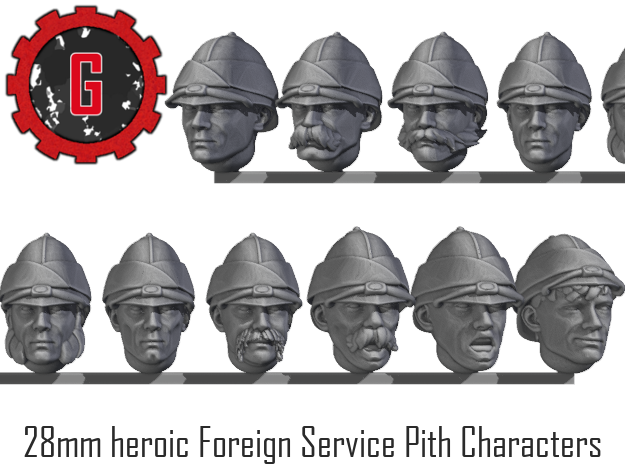 28mm heroic Foreign Service Pith character heads  in Tan Fine Detail Plastic