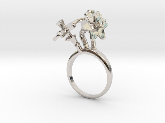 Ring with three small flowers of the Daffodil in Rhodium Plated Brass: 7.25 / 54.625