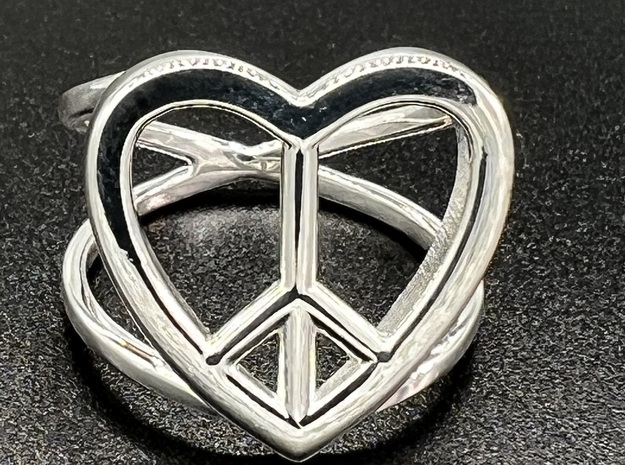 Peace Heart Ring in Polished Silver: 5 / 49