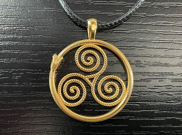Triskelion with Ouroboros Pendant in 14k Gold Plated Brass