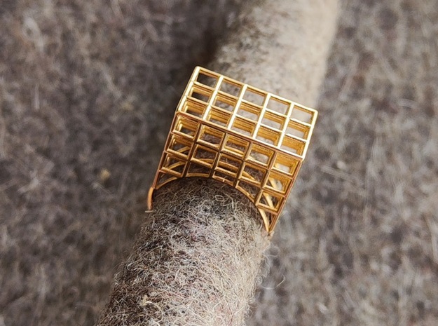 Ring with squares design (large) in Polished Brass