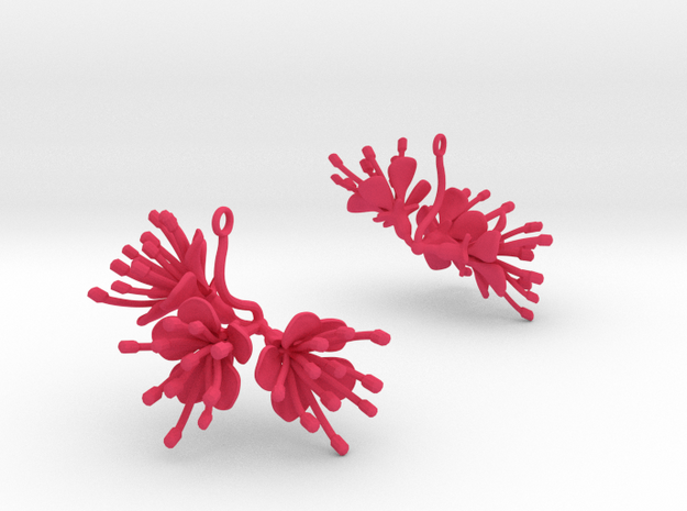 Earrings with three large flowers of the Cherry in Pink Processed Versatile Plastic