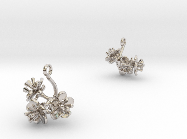 Earrings with three small flowers of the Peach in Rhodium Plated Brass