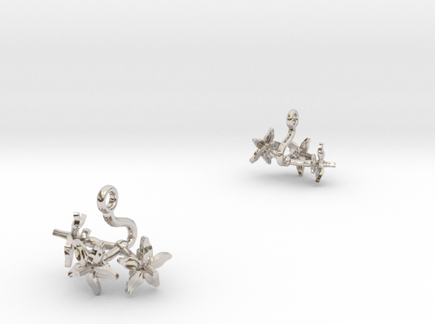 Earrings with three small flowers of the Tomato in Rhodium Plated Brass