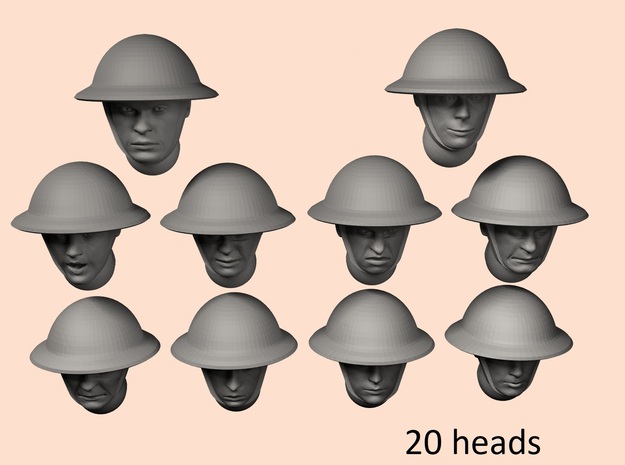 28mm WW1 British helmet heads in Tan Fine Detail Plastic