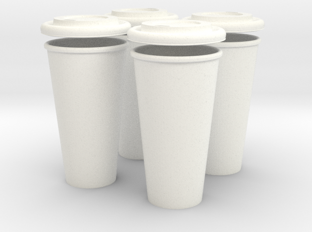 BJD Doll Coffee House Cup and Lid - Set of 4 in White Processed Versatile Plastic