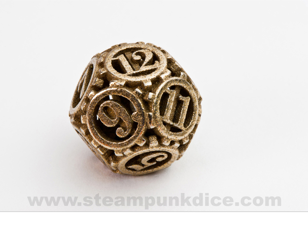 Steampunk Gear d12 in Polished Bronzed Silver Steel