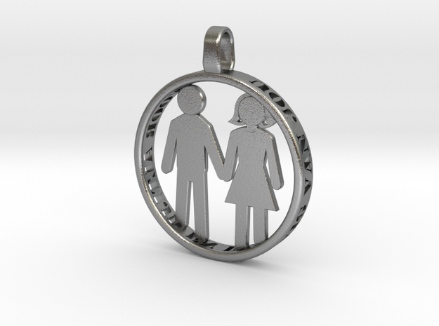 Happy Couple round 3d printed pendant. personaliza in Natural Silver