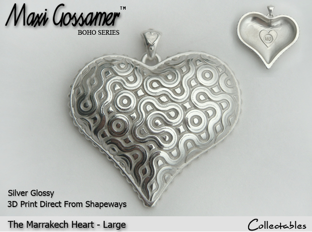 Marrakech Heart Pendant - Large in Polished Silver