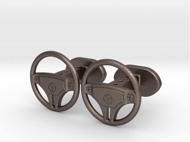 Mercedes steering wheel cufflinks in Polished Bronzed Silver Steel