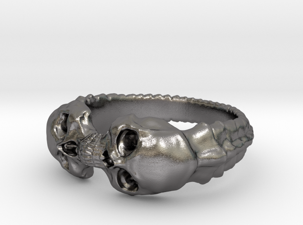 Double Skull Ring in Polished Nickel Steel