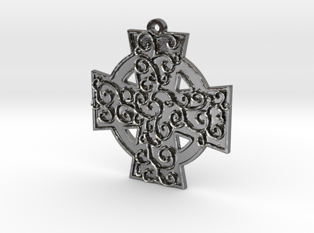 Celtic Cross With Vines Pendant in Polished Silver
