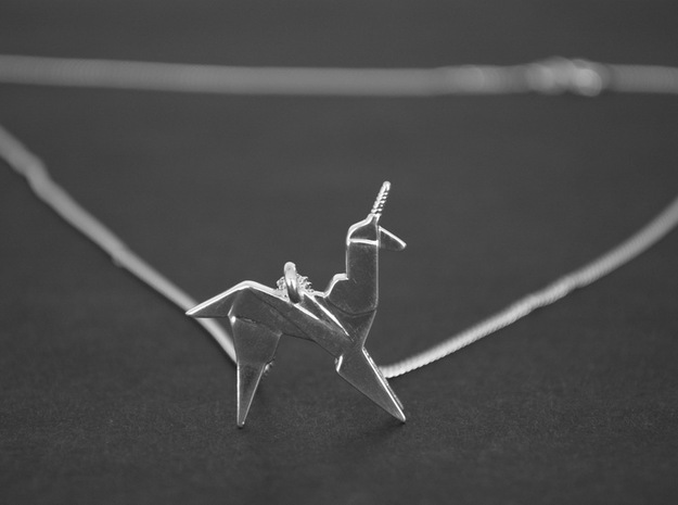 Origami Unicorn Pendant in Polished Silver