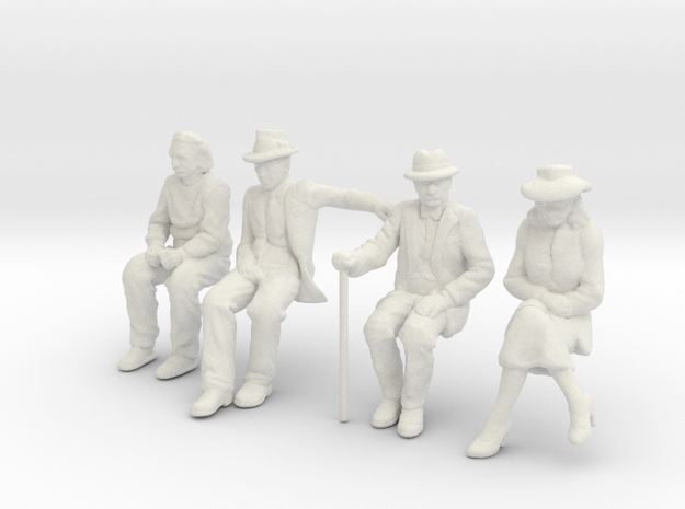 4 seated Low Res 1/32nd Scale figures in White Natural Versatile Plastic