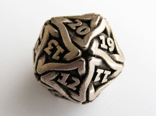 'Twined' Dice D20 Spindown Life Counter Die 24mm in Polished Bronzed Silver Steel