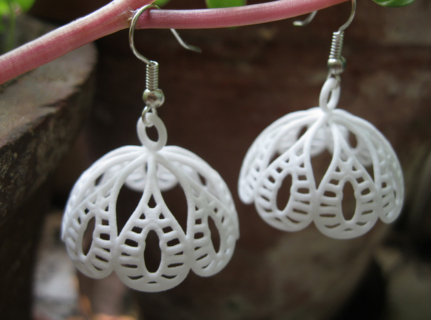 Water Lily Jhumka - Indian Bell Earrings in White Processed Versatile Plastic
