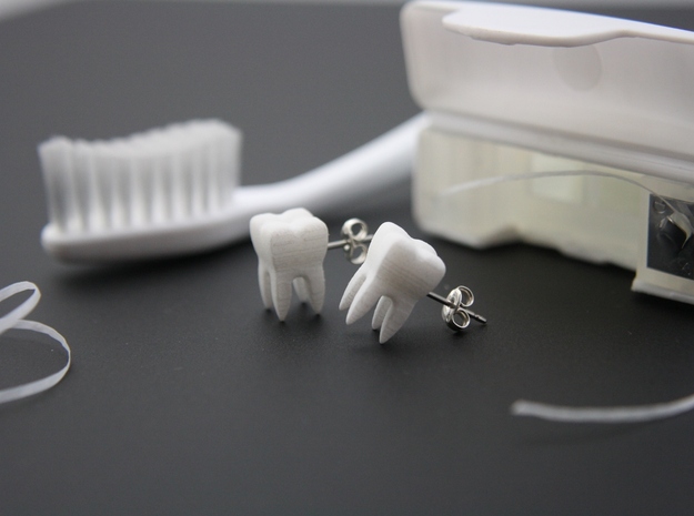 Molar Teeth Post Earrings in White Processed Versatile Plastic