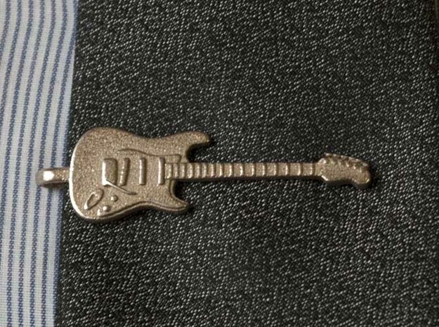 Guitar Tie Clip in Polished Bronzed Silver Steel