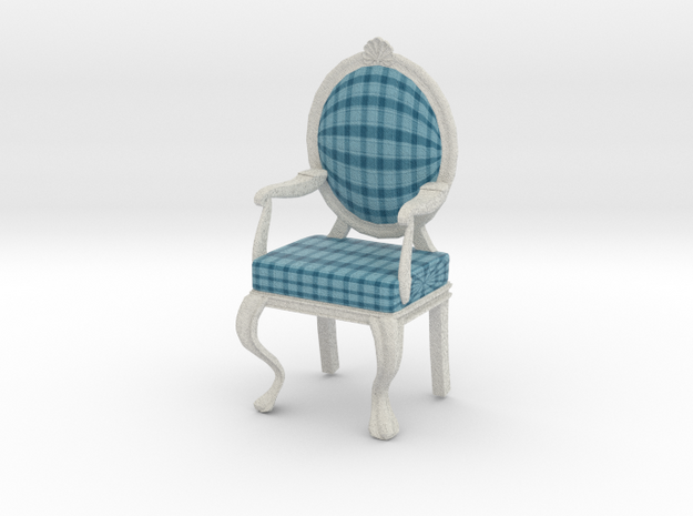 1:12 Scale Acid Blue Plaid/White Louis XVI Chair in Full Color Sandstone