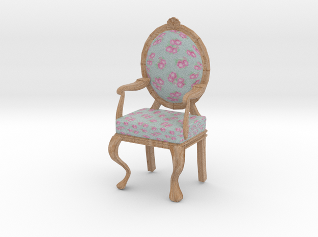 1:12 Scale Blue Chintz/Pale Oak Louis XVI Chair in Full Color Sandstone