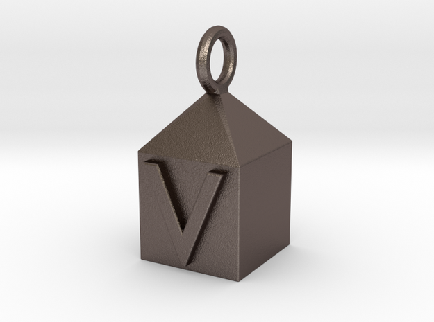 Keychain With Letter - V in Polished Bronzed Silver Steel
