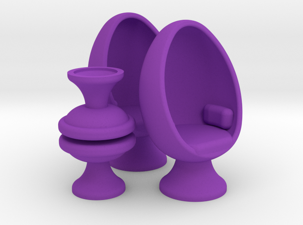 SciFi Egg Chair & Ottoman Set, 2x - 1:64 scale in Purple Processed Versatile Plastic