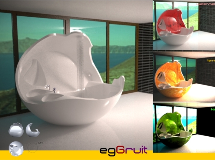 Eggruit 3d printed egGruit is a mixture of egg and fruit. This piece of forniture is a bathtub, shower and sink; you can get the miniEggruit
