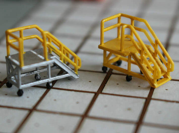 N Scale 3x Mobile Train Access Stairs 3d printed 2 access stairs painted in different color schemes in Frosted Ultra Detail.