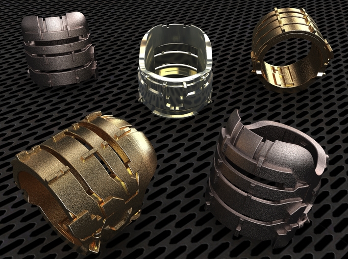 Dead Space Engineering Suit lvl3 ring 3d printed Stainless Steel, Gold Plated Matte &amp; Premium Silver renders