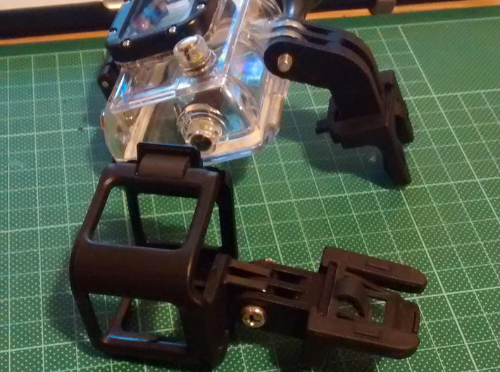 Cateye to GoPro-style adaptor mount - long version 3d printed Prototype fitted to Fizik saddle mount and with GoPro HERO3 casing (top